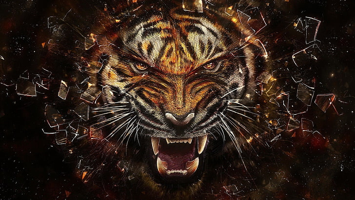 gray and orange tiger wallpaper, abstract, animals, digital art