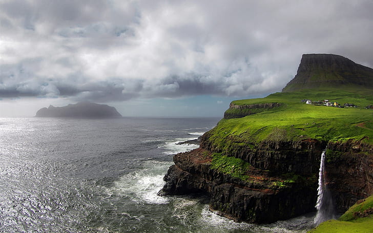 Faroe Islands, waterfall, Atlantic, mountain, rocks, storm, clouds, green mountain cliff with water falls