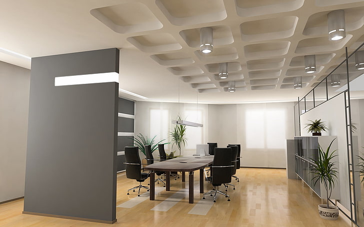brown wooden table, office, walls, desks, chairs, modern, indoors, HD wallpaper