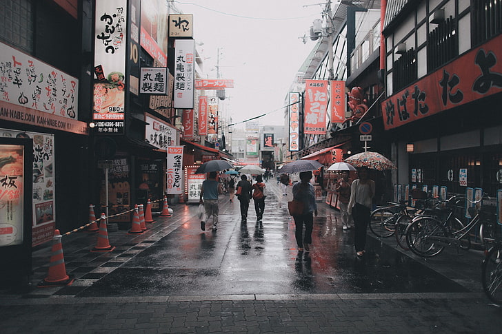 black umbrella, Asian, street, Japan, Japanese, city, building exterior