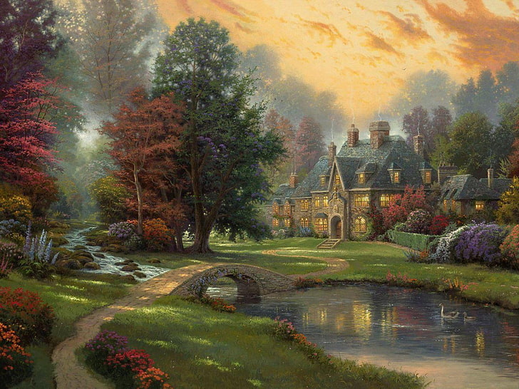 house, bridge, body of water, and trees painting, sunset, duck