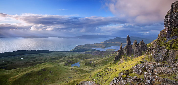 mountain view near sea, Scotland, Isle of Skye, old man of Storr