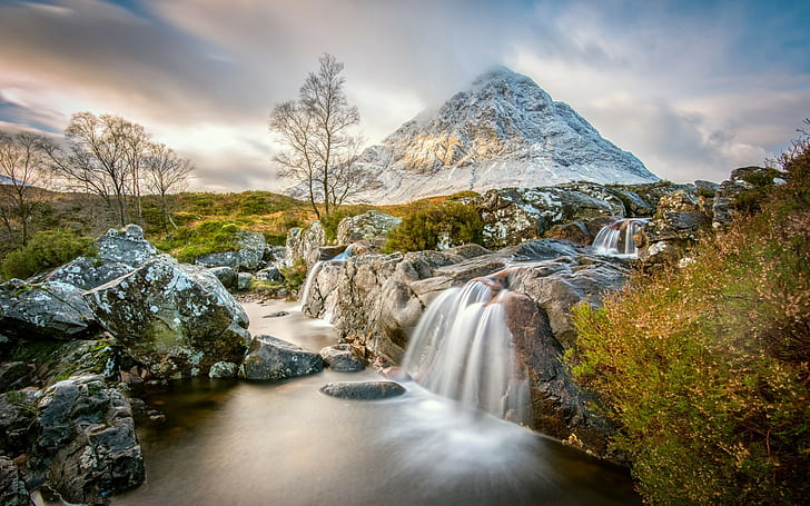 Landscape, Scotland, UK, Mountain, Waterfall, River, Trees, Rocks, Nature, HD wallpaper