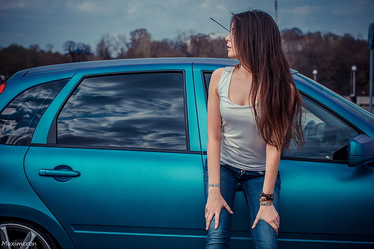 teal SUV and women's gray sleeveless top, car, long hair, women with cars, HD wallpaper