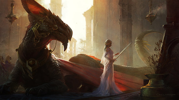dragon and dragon slayer illustration, digital art, artwork, fantasy art