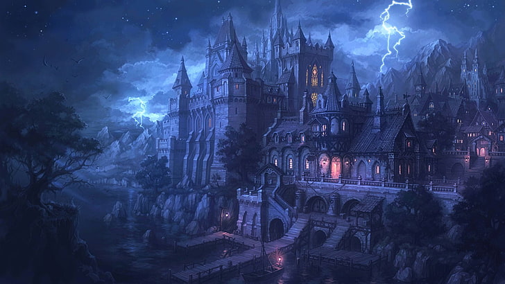 castle with lightning background wallpaper, water, night, lights