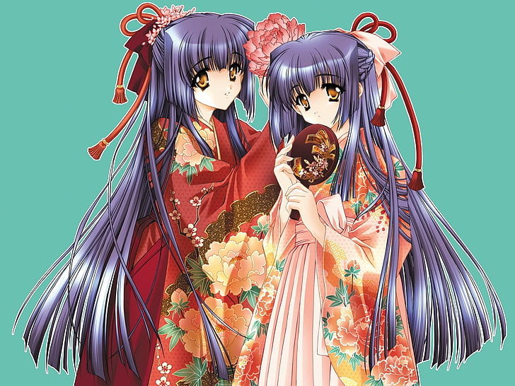 gray haired female anime, moonlight lady, girls, kimono, fan, HD wallpaper
