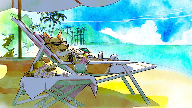 orange and white dog lying on lounge chair illustration, beach
