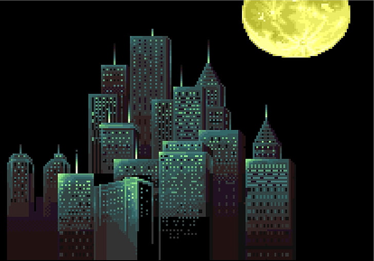 green mid-rise and high-rise buildings under full moon artwork, HD wallpaper