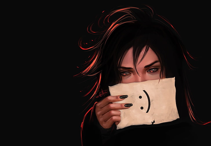 woman holding piece of paper in front of her face with smiley illustration digital wallpaper