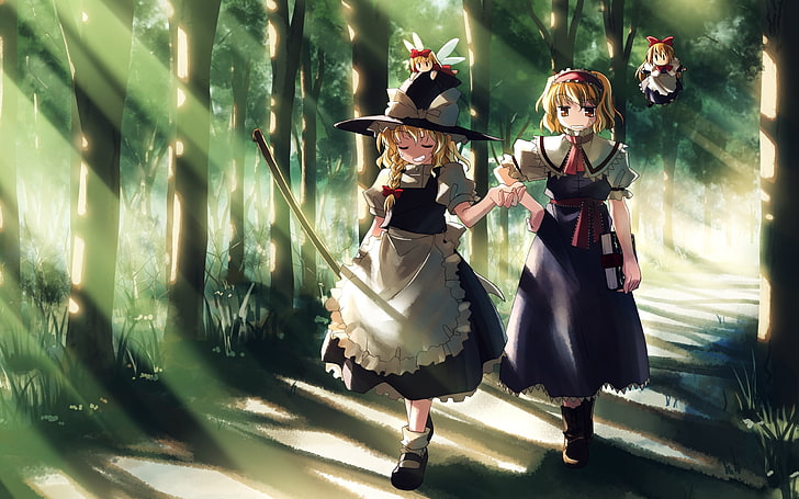 two female anime characters, girl, walking, forest, women, people