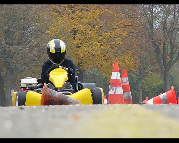 black and yellow full-face helmet, Kart, fall, racing, vehicle
