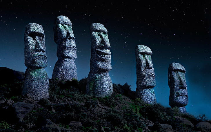 easter island chile starry night statue moai stone monuments nature landscape, HD wallpaper