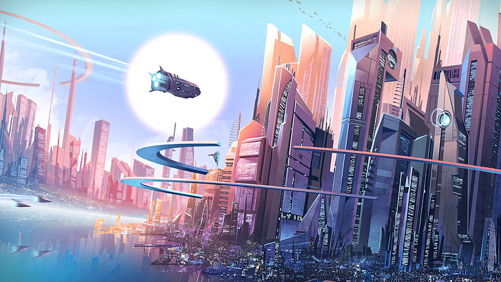 futuristic city digital wallpaper, digital art, cityscape, spaceship