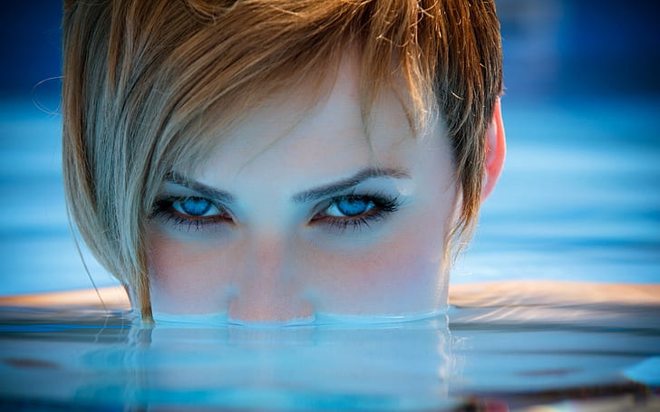 beautyful, blue, eyes, face, girl, pool, redhead, woman, HD wallpaper