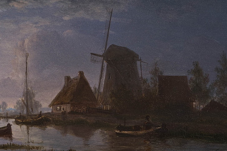 brown wooden house with tree painting, classic art, windmill