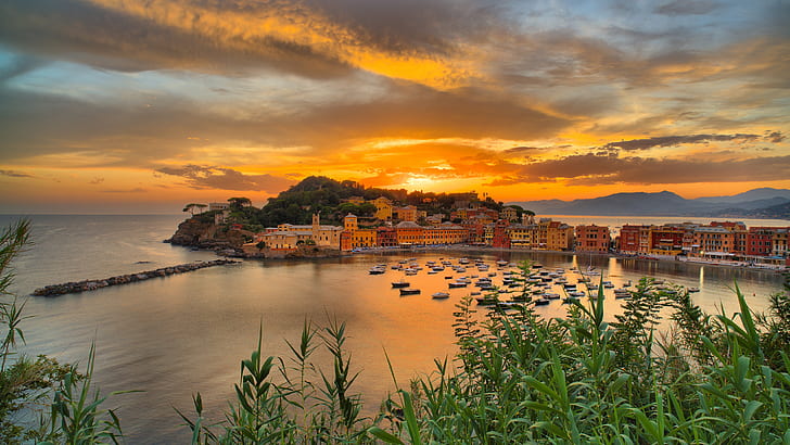 sea, grass, sunset, building, home, Bay, Italy, boats, Liguria, HD wallpaper