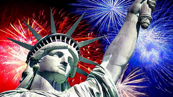 statue of liberty, fireworks, slings, torch, july 4, independence day, HD wallpaper