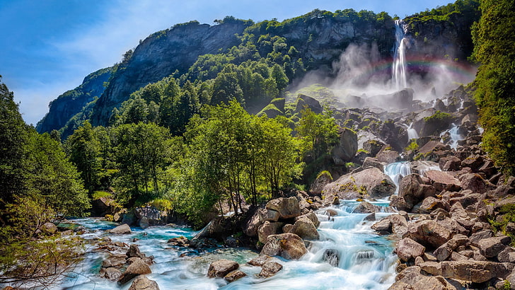 waterfalls wallpaper, Switzerland, trees, rapids, beauty in nature