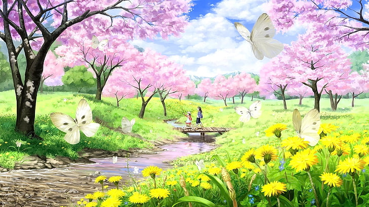 anime, anime girls, long hair, short hair, butterfly, cherry blossom, HD wallpaper