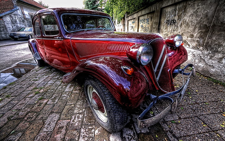 Amazing Old Car HDR, red classic car, vintage, cars