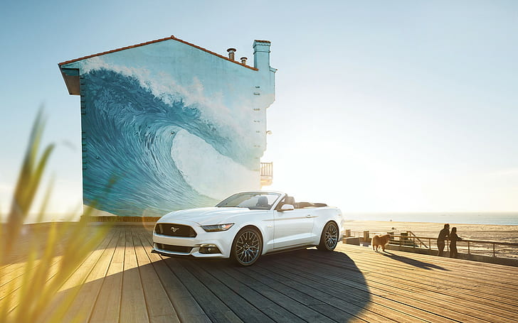 car, waves, Ford Mustang, front angle view, cabriolet, Convertible, HD wallpaper