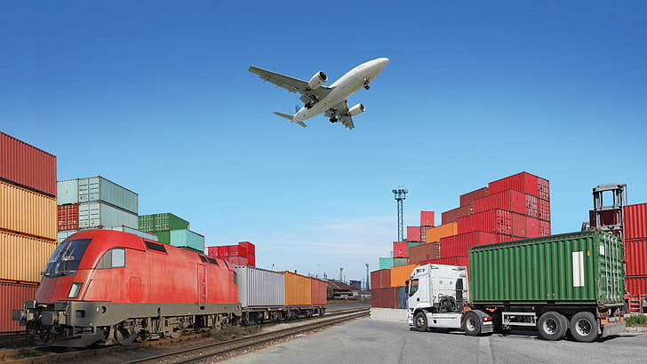 containers, airplane, sky, colorful, Truck, vehicle, railway, HD wallpaper