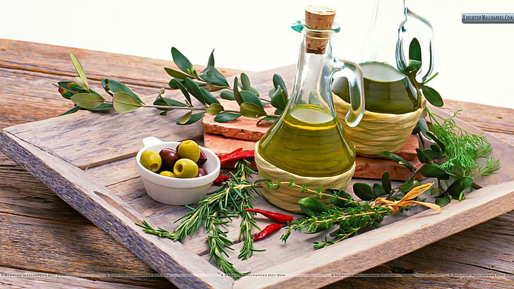 Olive Oil, still life, bottles, 3d and abstract, HD wallpaper