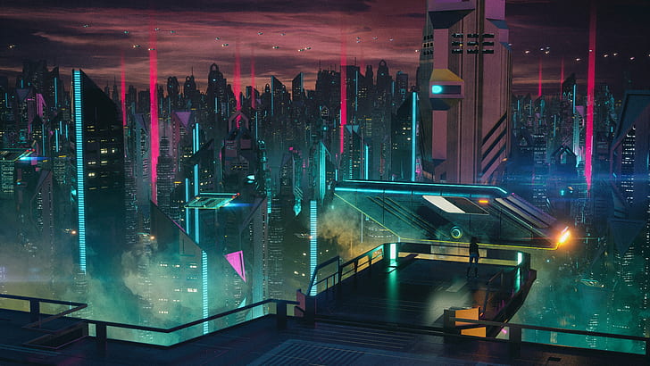 Music, The city, Skyscrapers, Fiction, Cyber, Cyberpunk, Synth, HD wallpaper