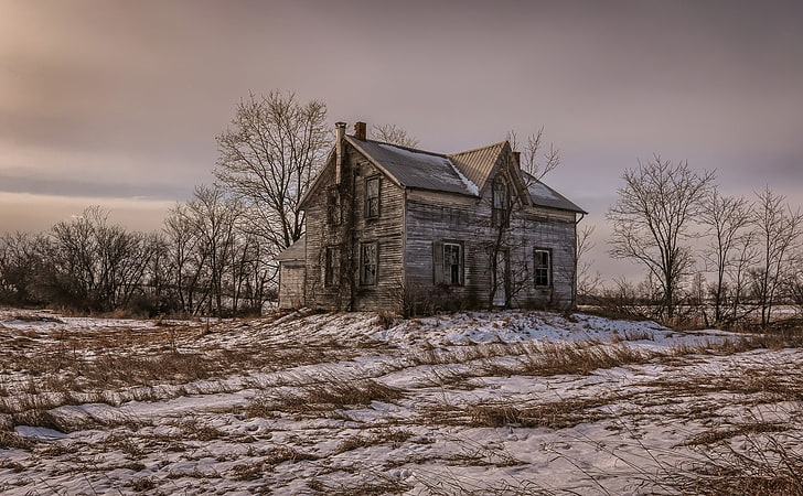 landscape, old, house, winter, abandoned, snow, nature, field, HD wallpaper