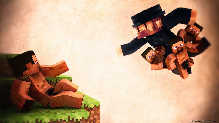 Notch Giving The Power Of Blocks To Man, minecraft characters illustration