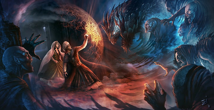 Fantasy Art, Creature, Demon, Dragon, Magic, Vampires, man and woman with magical force field shield illustration