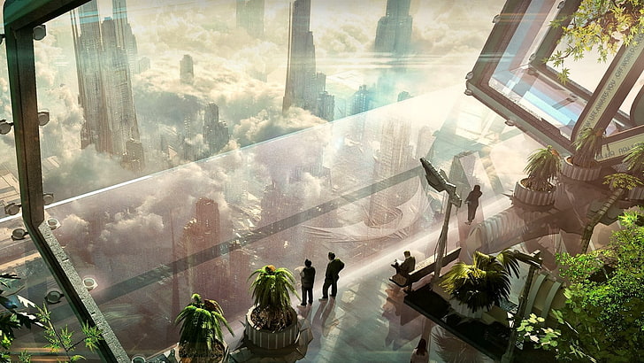 three people standing on glass panel, futuristic, cityscape, science fiction