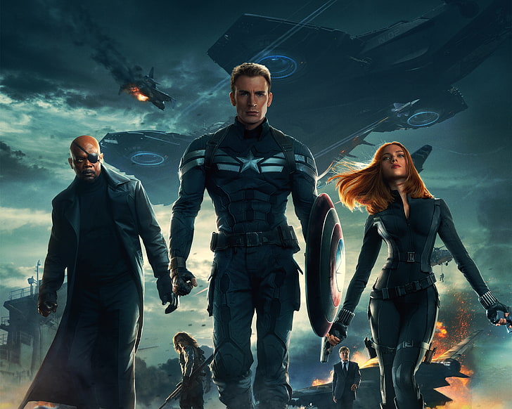 Marvel Avengers poster, Scarlett Johansson, Girl, Red, Men, Guns