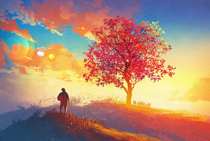 man walking towards the tree graphics, person standing tree during sunset