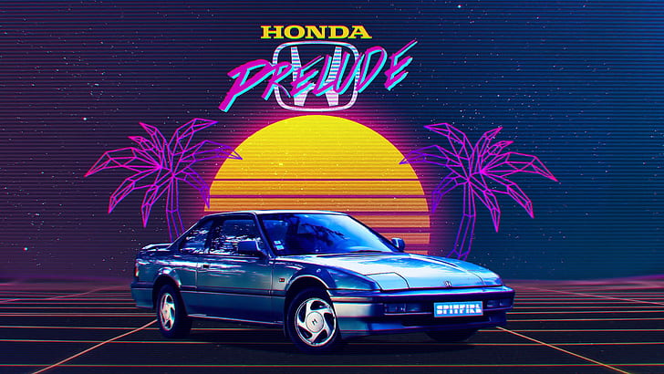 Retrowave, Synth, car, vehicle, blue cars, Honda, digital art