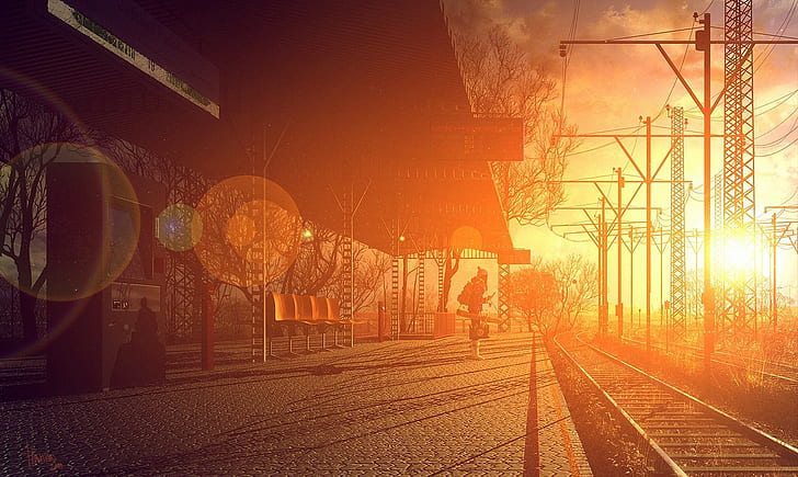 bokeh, utility pole, sunset, power lines, railway, women, lens flare