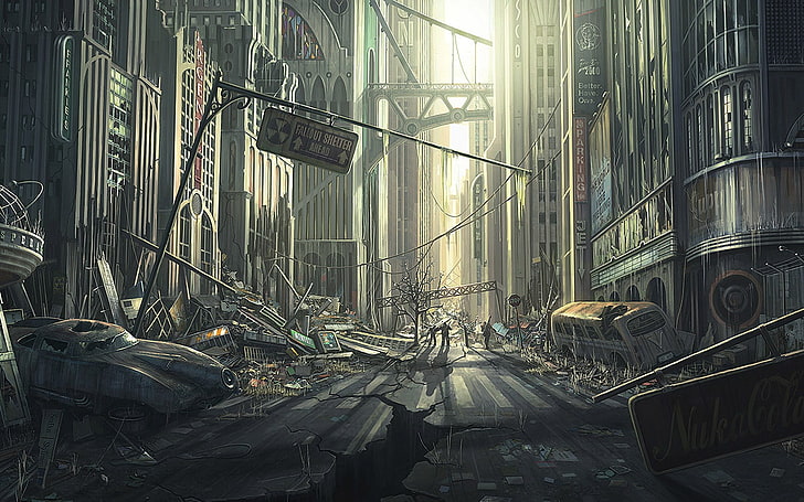 artwork, apocalyptic, street, abandoned, Fallout, no people