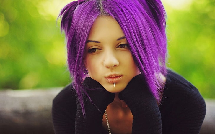 women, purple hair, piercing, model, face, pierced nose, pierced lip