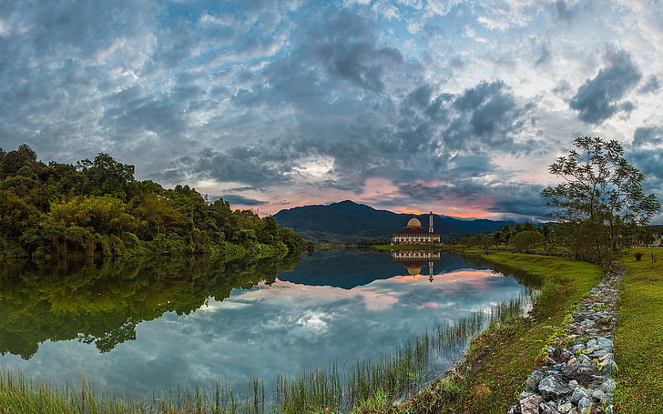 body of water, nature, landscape, lake, mosque, clouds, Malaysia, HD wallpaper