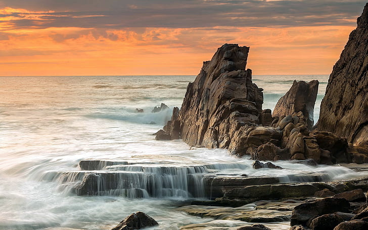 nature, landscape, coast, sea, rock, waves, water, evening, HD wallpaper
