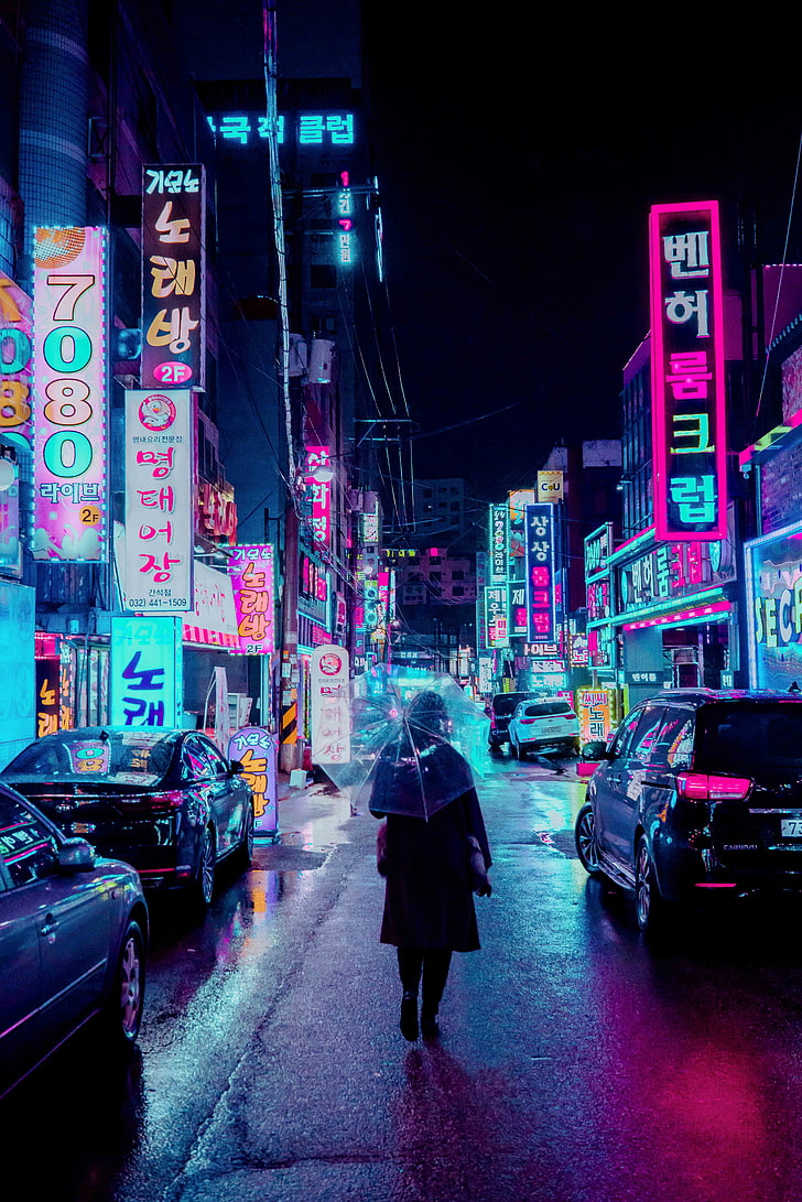 person's black dress, night city, street, umbrella, man, signboards