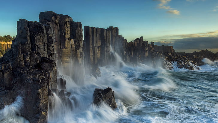 nature, landscape, sea, waves, coast, long exposure, cliff