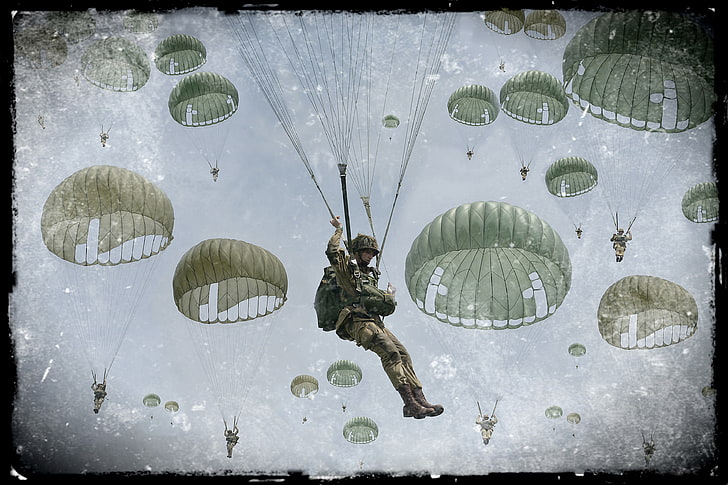 people in parachute painting, the sky, clouds, retro, art, soldiers