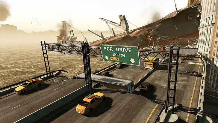 green For Drive North signage, Crysis 2, destruction, bridge, HD wallpaper