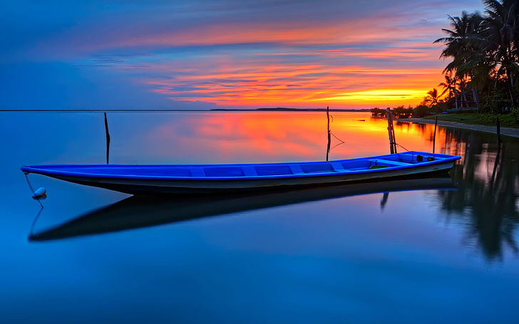 Tropical Sunset Boat Palms Trees Orange Sky Reflection In Water Hd Wallpaper 3840×2400