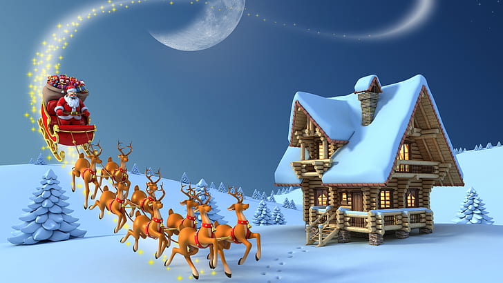 winter, log cabin, night, santa claus, santa sleigh, carriage, HD wallpaper