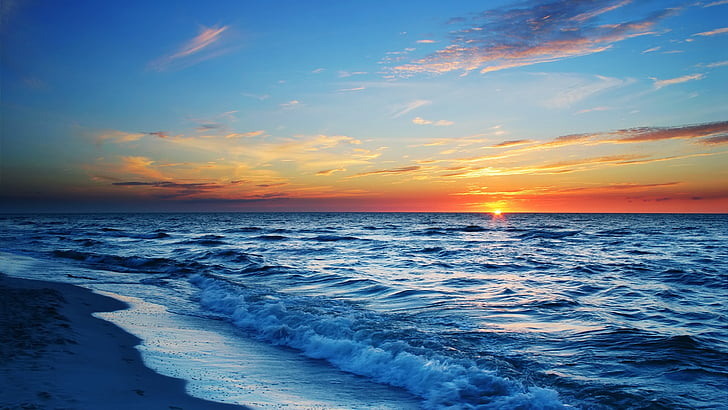 sea, horizon, sky, ocean, shore, wave, calm, wind wave, sunset, HD wallpaper