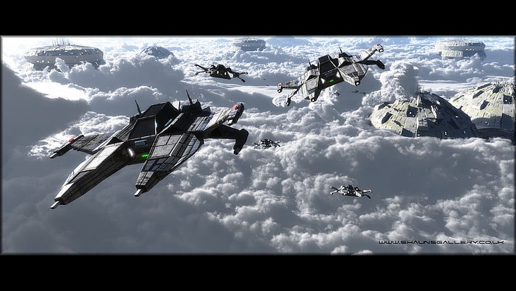 buildings clouds attack fleet Space Planets HD Art, fighters