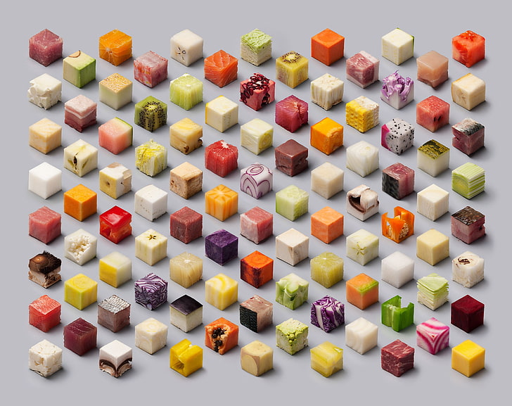 cube fruits lot, assorted-color cubes, minimalism, melons, kiwi (fruit)